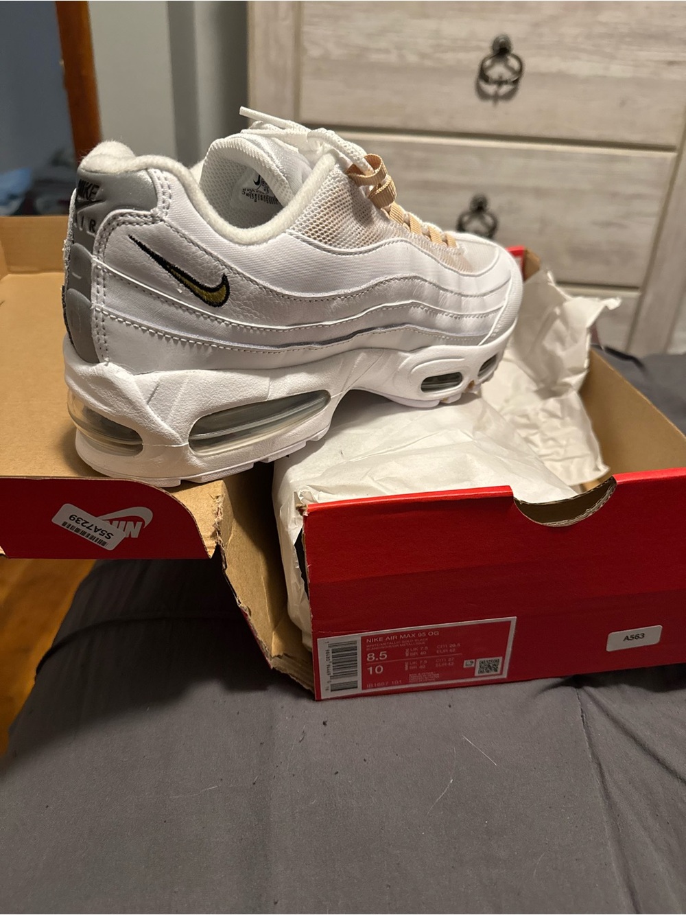 Nike Air Max 95 White Sneakers with Black and Gold Swoosh